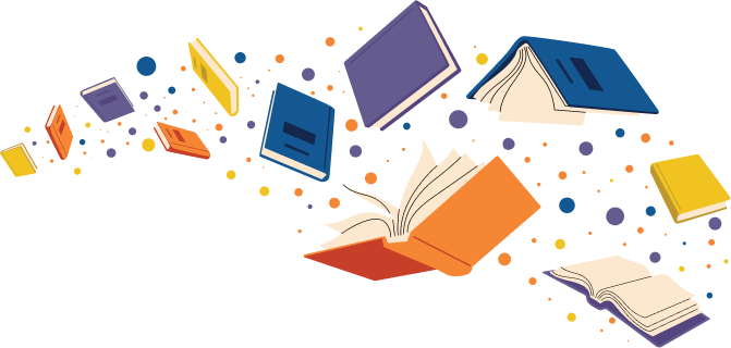 Colorful books, writing tools, and marketing materials arranged in motion