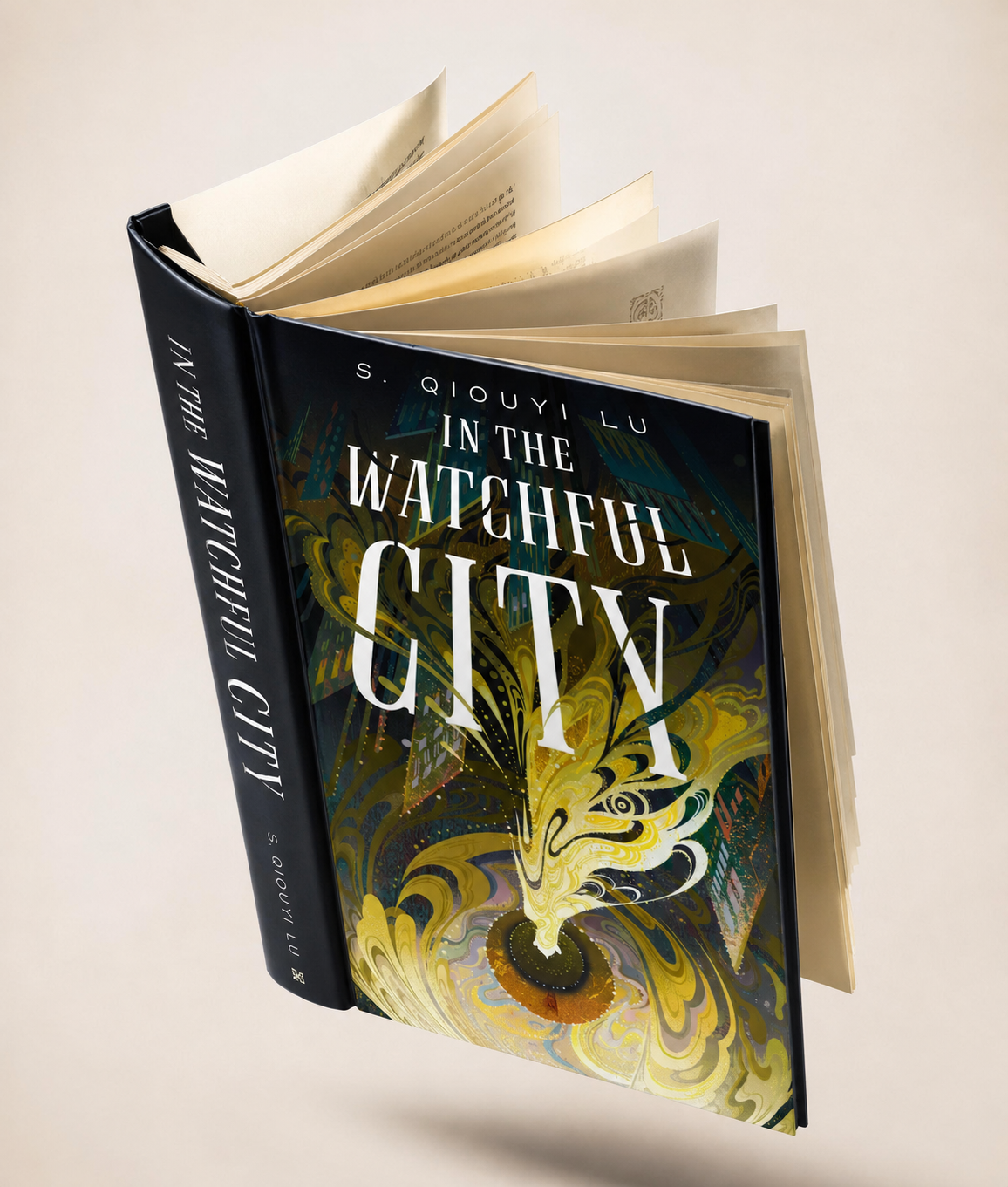 Illustrated hardback book mockup for In the Watchful City