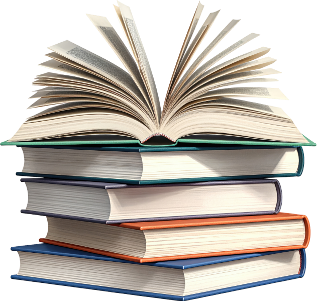 Stack of hardcover books with an open book on top