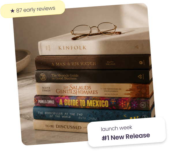 A stack of books with launch and bestseller notes